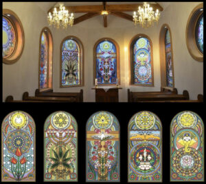 Stained glass windows in the church of Prema Kirche in Veda Hof, Austria, 2016.