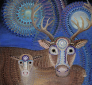 Northern lights. Portrait of a caribou with a fawn.