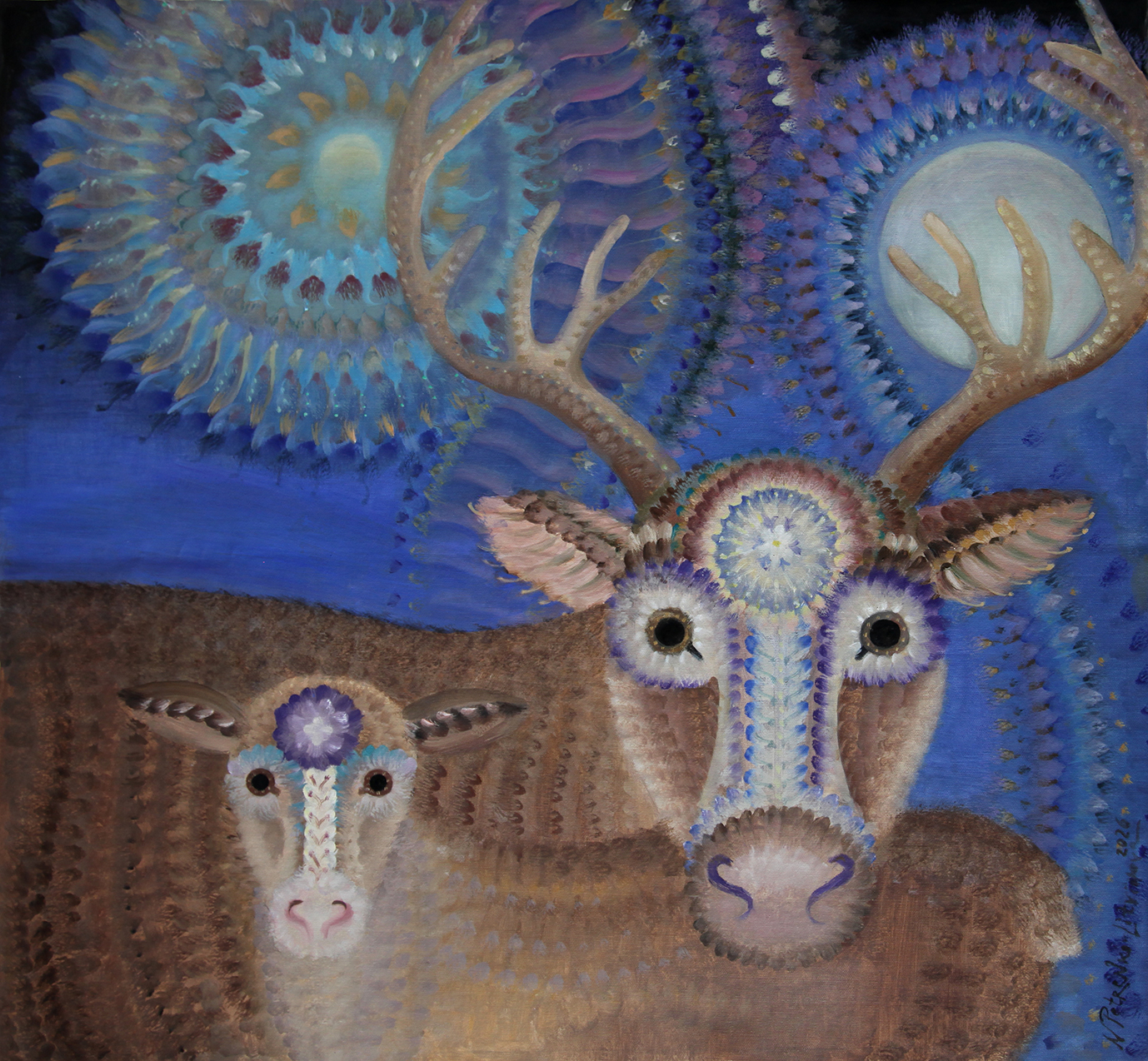 Northern lights. Portrait of a caribou with a fawn.