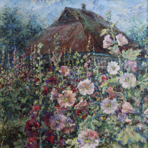 An old roof with a mallow garden